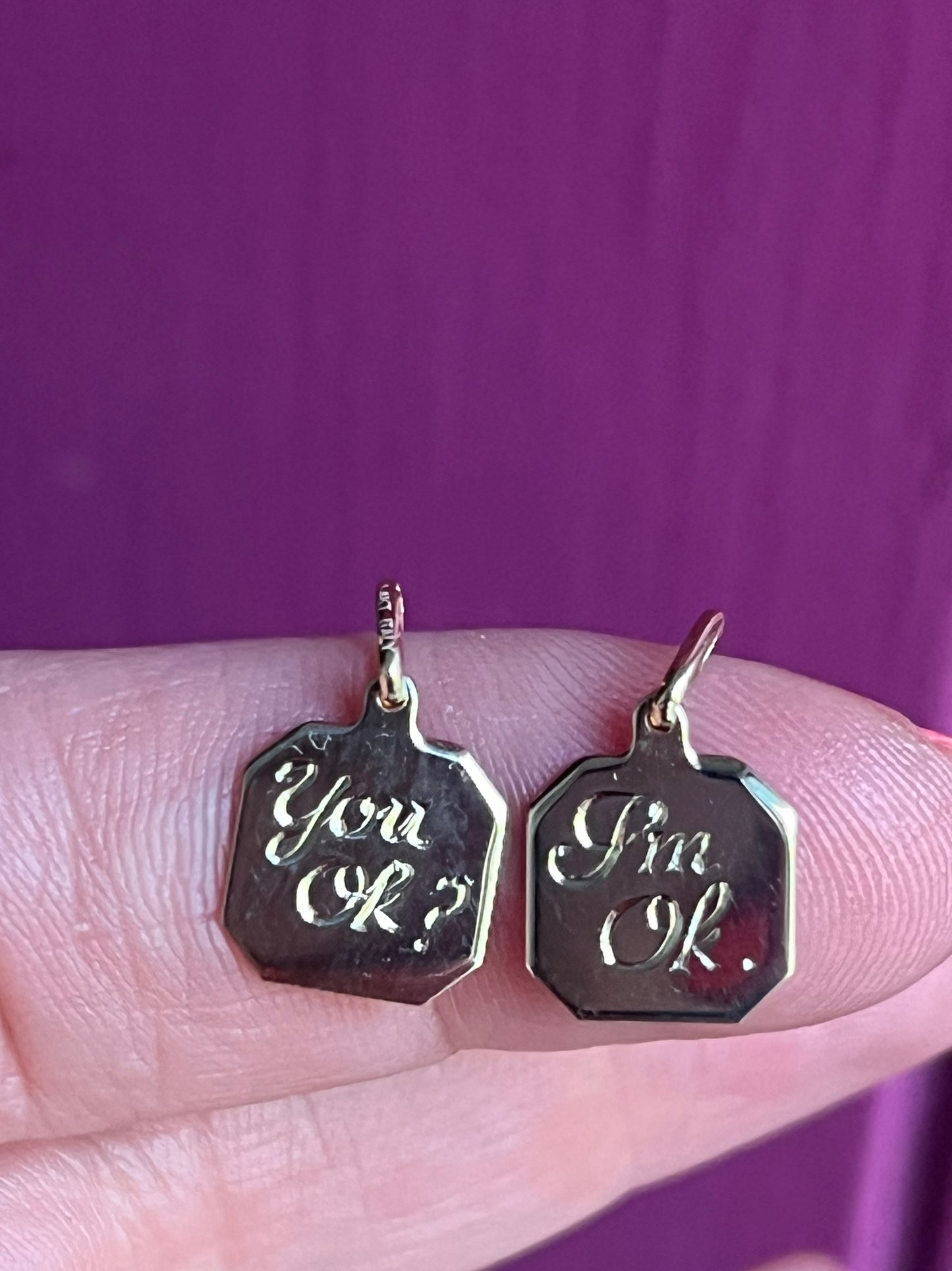14k “You ok?” Octagon check-in text charm set