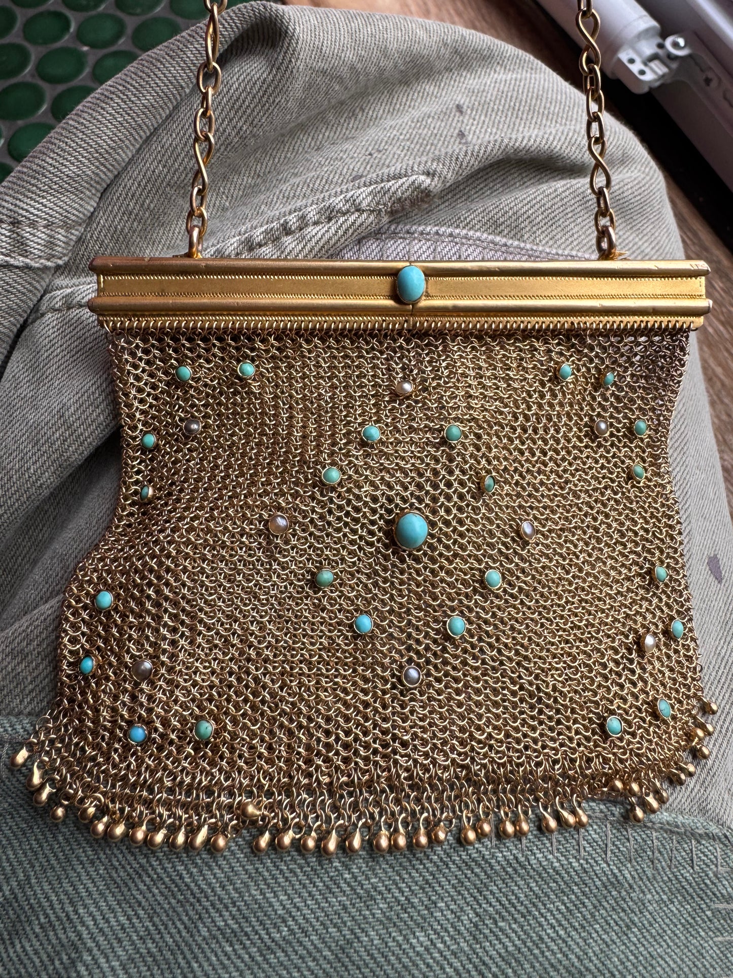 9k gold vintage turquoise and pearl mesh purse