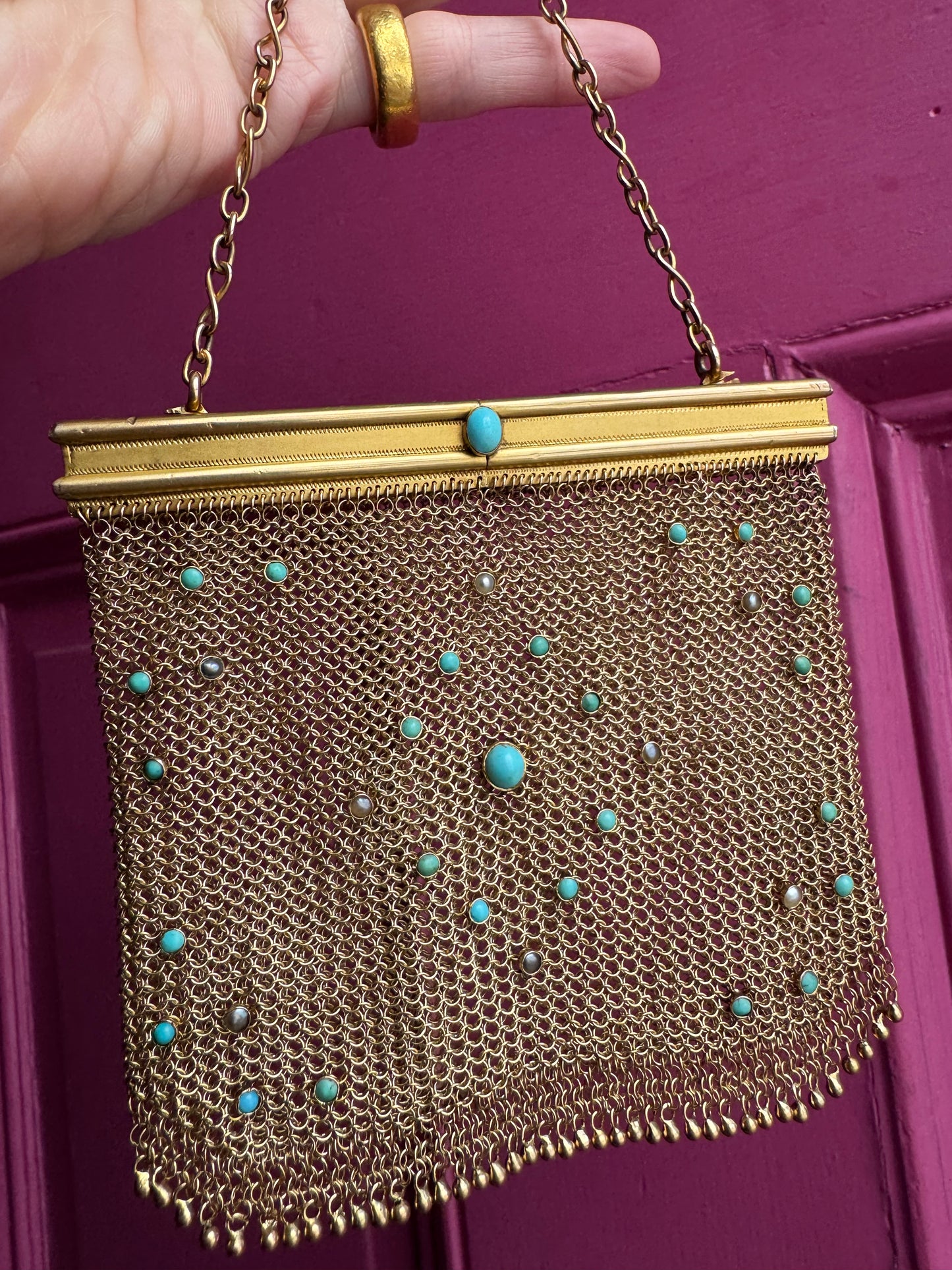 9k gold vintage turquoise and pearl mesh purse