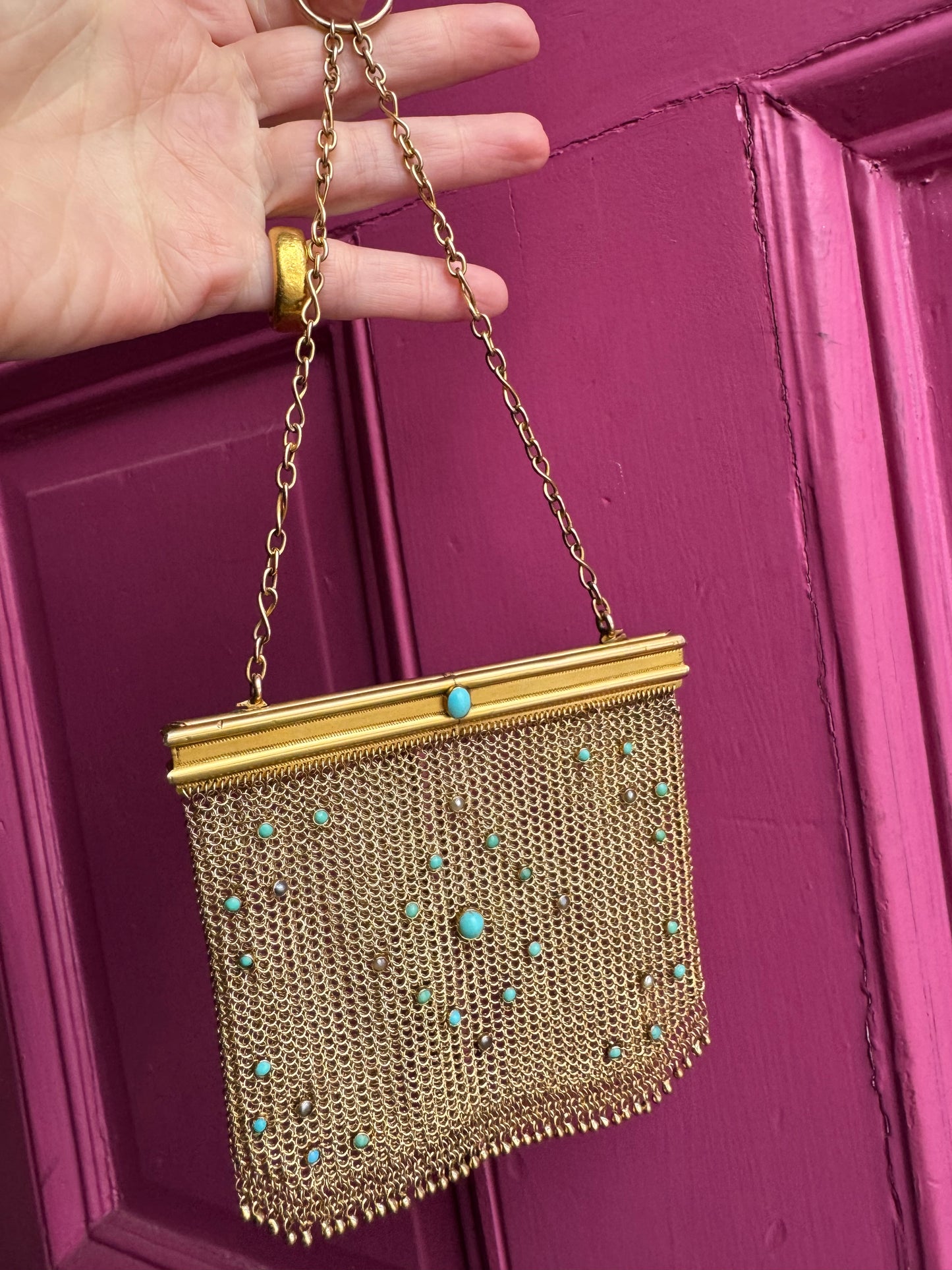 9k gold vintage turquoise and pearl mesh purse
