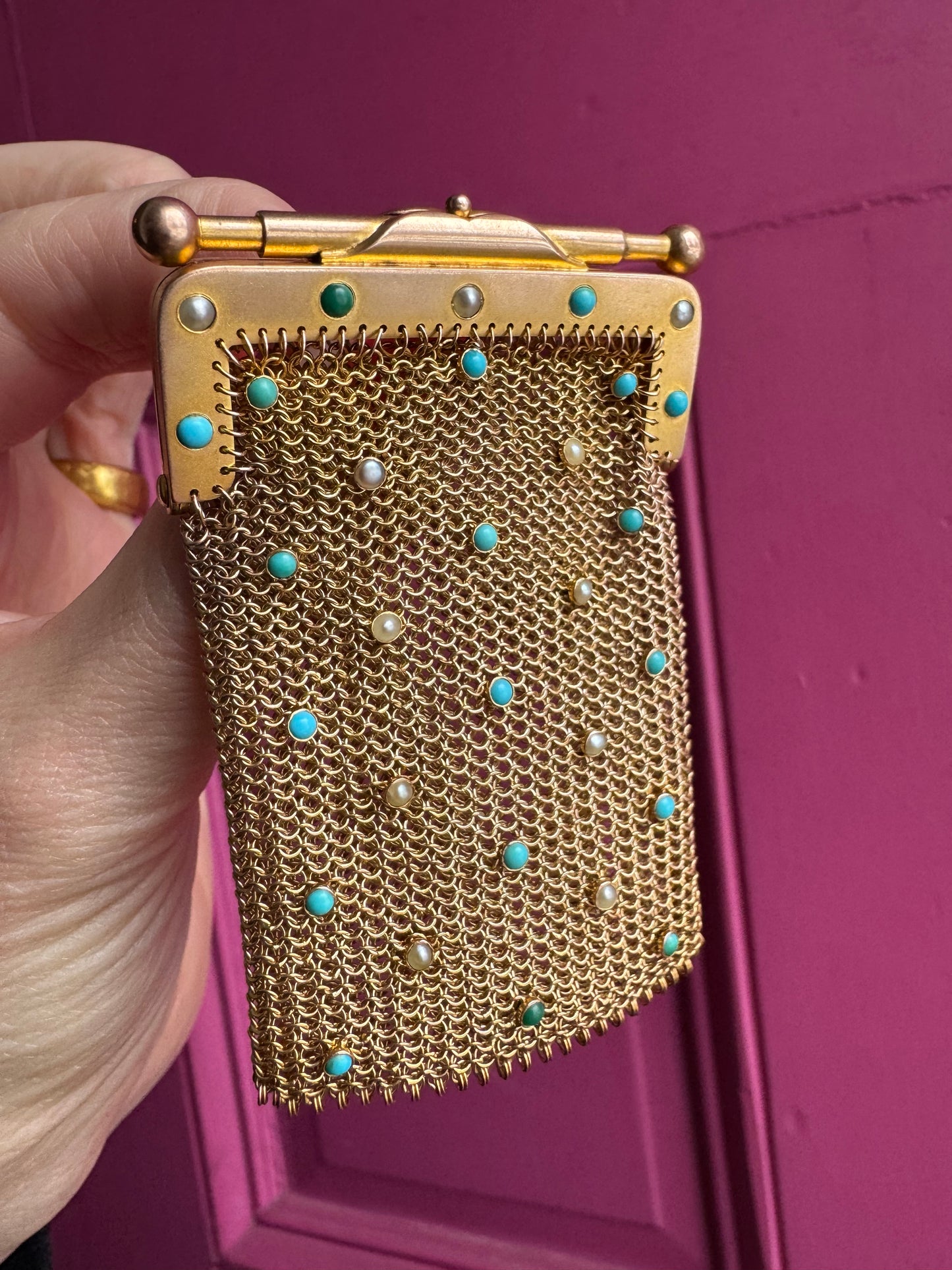 9k turquoise and pearl mesh change purse