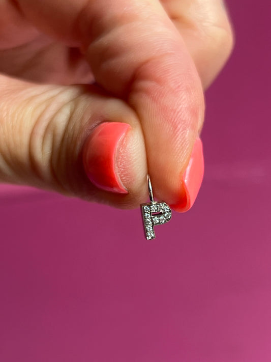 Teeny 14k white gold diamond P charm