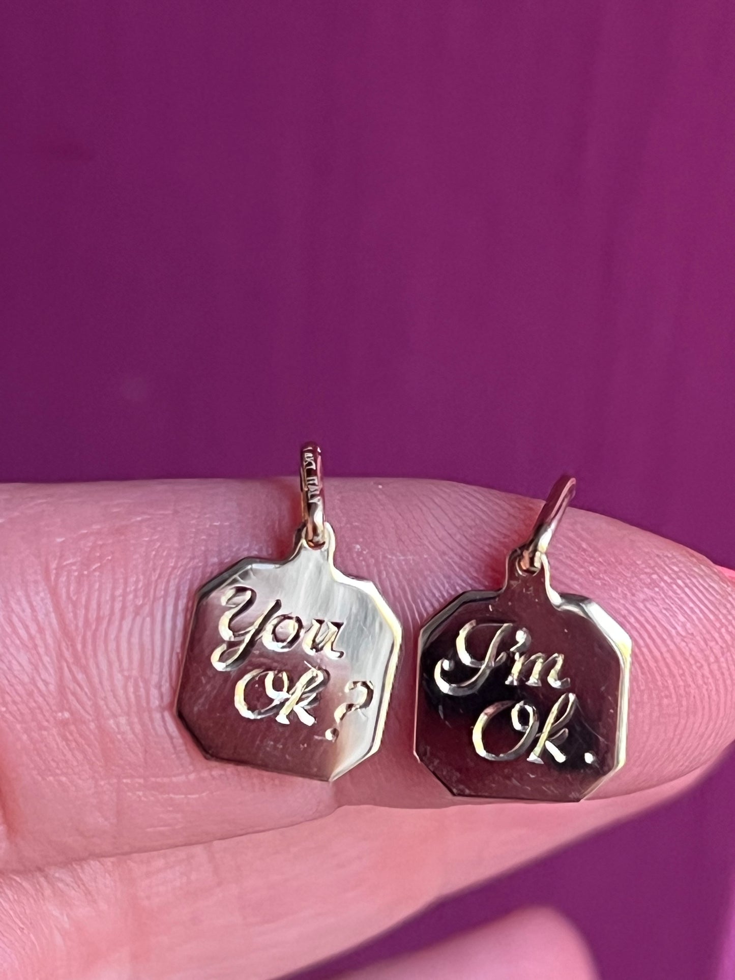 14k “You ok?” Octagon check-in text charm set