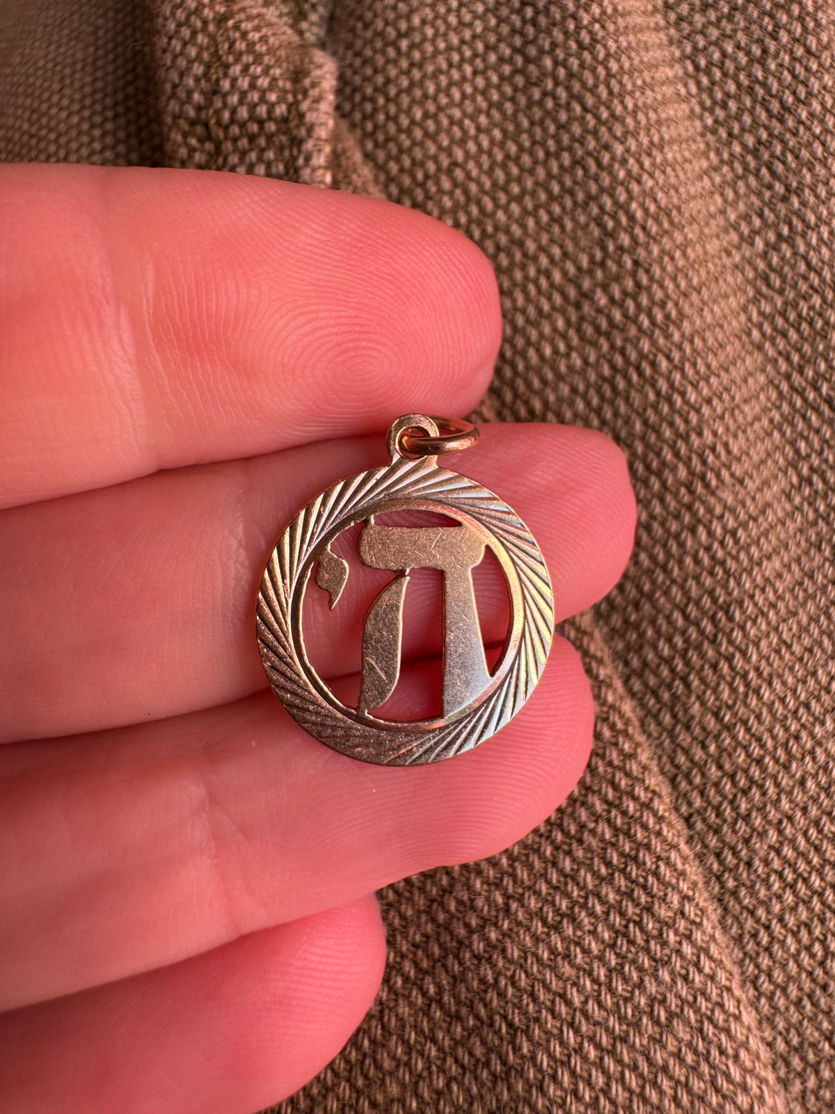 14k engine turned border chai charm